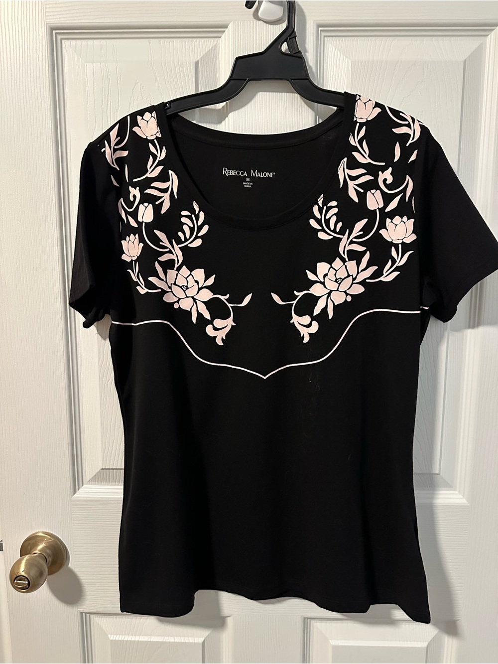 Rebecca Malone Black Floral Scoop Neck Tee - Pink Floral Detail